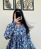 Navy Blue Floral Printed Kurti Top for Women | White Floral Long Sleeve Ethnic Top
