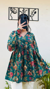 Green Floral Printed Anarkali Kurti Top for Women | Stylish Ethnic Wear Top