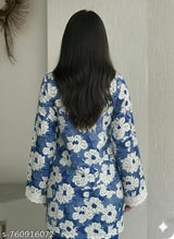 Women's Blue Floral Printed Short Kurti Top with Lace Sleeves | Stylish Casual Wear