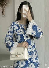Women's Blue Floral Printed Short Kurti Top with Lace Sleeves | Stylish Casual Wear