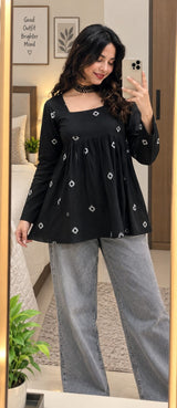 Women's Black Printed Short Anarkali Kurti Top with Square Neck | Stylish Casual Wear