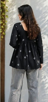 Women's Black Printed Short Anarkali Kurti Top with Square Neck | Stylish Casual Wear