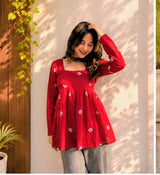 Women's Red Printed Short Anarkali Kurti Top with Square Neck | Stylish Ethnic Casual Wear