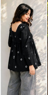 Women's Black Printed Short Anarkali Kurti Top with Square Neck | Stylish Casual Wear