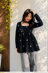 Women's Black Printed Short Anarkali Kurti Top with Square Neck | Stylish Casual Wear