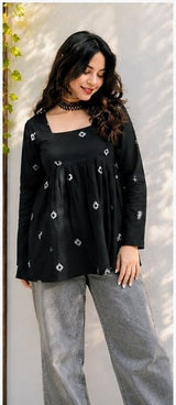 Women's Black Printed Short Anarkali Kurti Top with Square Neck | Stylish Casual Wear