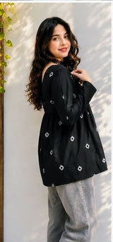 Women's Black Printed Short Anarkali Kurti Top with Square Neck | Stylish Casual Wear