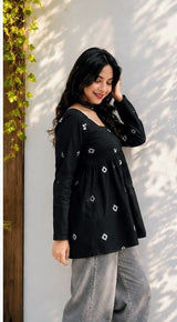 Women's Black Printed Short Anarkali Kurti Top with Square Neck | Stylish Casual Wear