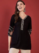 Women's Black Embroidered Short Kurti Top with Bell Sleeves | Elegant Ethnic Casual Wear