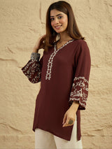 Women's Maroon Embroidered Short Kurti Top with Bell Sleeves | Elegant Ethnic Casual Wear