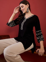 Women's Black Embroidered Short Kurti Top with Bell Sleeves | Elegant Ethnic Casual Wear