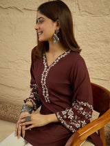 Women's Maroon Embroidered Short Kurti Top with Bell Sleeves | Elegant Ethnic Casual Wear