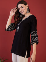 Women's Black Embroidered Short Kurti Top with Bell Sleeves | Elegant Ethnic Casual Wear