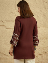 Women's Maroon Embroidered Short Kurti Top with Bell Sleeves | Elegant Ethnic Casual Wear