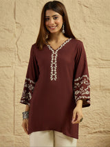Women's Maroon Embroidered Short Kurti Top with Bell Sleeves | Elegant Ethnic Casual Wear