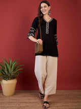 Women's Black Embroidered Short Kurti Top with Bell Sleeves | Elegant Ethnic Casual Wear