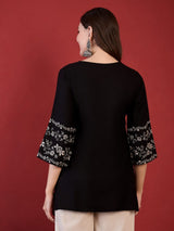 Women's Black Embroidered Short Kurti Top with Bell Sleeves | Elegant Ethnic Casual Wear