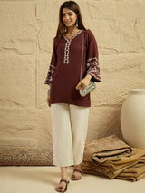 Women's Maroon Embroidered Short Kurti Top with Bell Sleeves | Elegant Ethnic Casual Wear