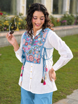 Sky Blue Cotton Flex Co-Ord Set for Women with Embroidered Jacket | Utsaahit