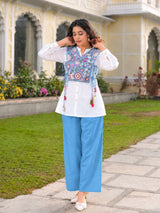 Sky Blue Cotton Flex Co-Ord Set for Women with Embroidered Jacket | Utsaahit