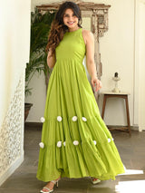 Utsaahit Women’s Lime Green Cotton Maxi Gown with Pom Pom Detailing