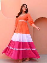 Women’s Orange, White & Pink Color Block Cotton Maxi Gown Dress