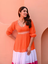 Women’s Orange, White & Pink Color Block Cotton Maxi Gown Dress
