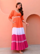 Women’s Orange, White & Pink Color Block Cotton Maxi Gown Dress