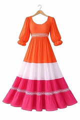 Women’s Orange, White & Pink Color Block Cotton Maxi Gown Dress