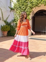 Women’s Orange Pink Color Block Cotton Maxi Gown with Lace Detailing