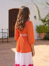 Women’s Orange Pink Color Block Cotton Maxi Gown with Lace Detailing
