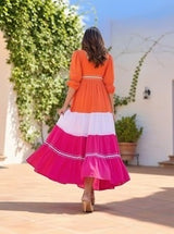 Women’s Orange Pink Color Block Cotton Maxi Gown with Lace Detailing