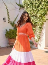 Women’s Orange Pink Color Block Cotton Maxi Gown with Lace Detailing