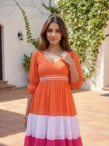 Women’s Orange Pink Color Block Cotton Maxi Gown with Lace Detailing