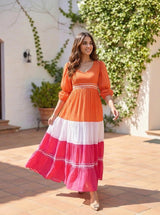 Women’s Orange Pink Color Block Cotton Maxi Gown with Lace Detailing