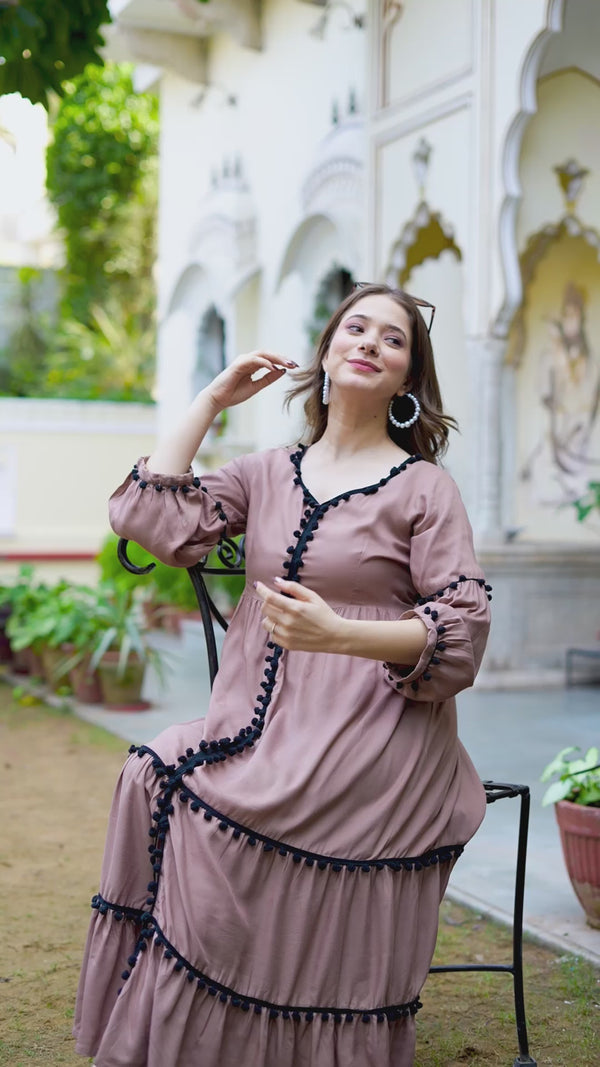 BROWN LONG FLARED POM POM BEAUTIFUL DRESS